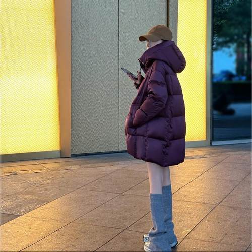 95白鹅绒羽绒服2025冬新款缎感中长款韩版宽松连帽鹅绒服24DF6688