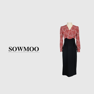 时尚 法式 2024年秋季 新款 连衣裙23C017 气质拼接印花V领显瘦长袖