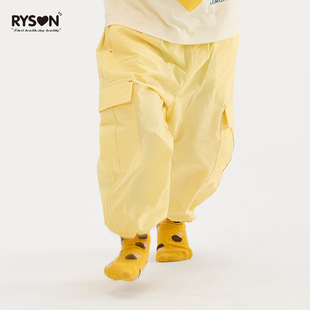 新款 夏季 轻薄长裤 RYSON潮童装 子黄色空气感束脚纯棉透气工装 裤