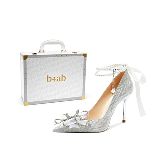 尖头气质浪漫珍珠链蝴蝶结细高跟鞋 礼盒法式 ab品牌轻奢量版