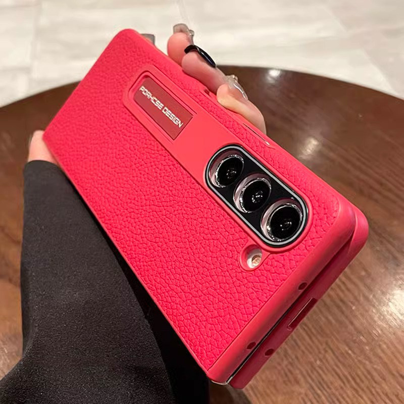 素皮高档保时捷支架气质白适用三星zfold5手机壳新款GalaxyW23折叠屏W22奢华网红商务Fold4/3翻盖防摔套潮牌