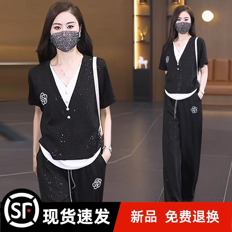 官方胖妹妹重工烫钻休闲套装女2025夏季新款假两件上衣+直筒裤两
