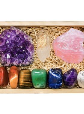 2026天然水晶碎石矿石标本摆件水晶套装儿童科普石头木盒装