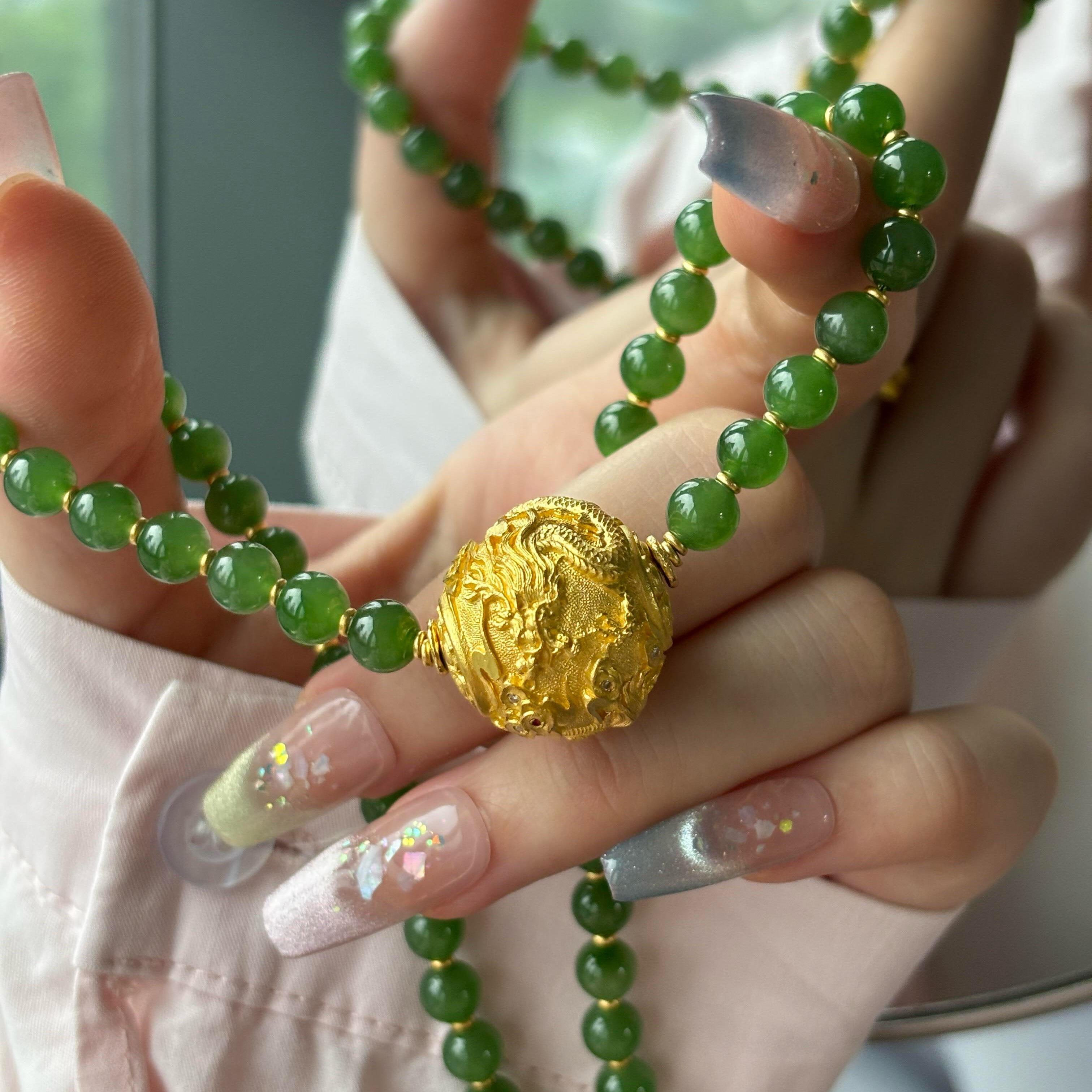 2026天然俄罗斯和田玉碧玉项链古法金龙凤转运珠沙金毛衣链项链男