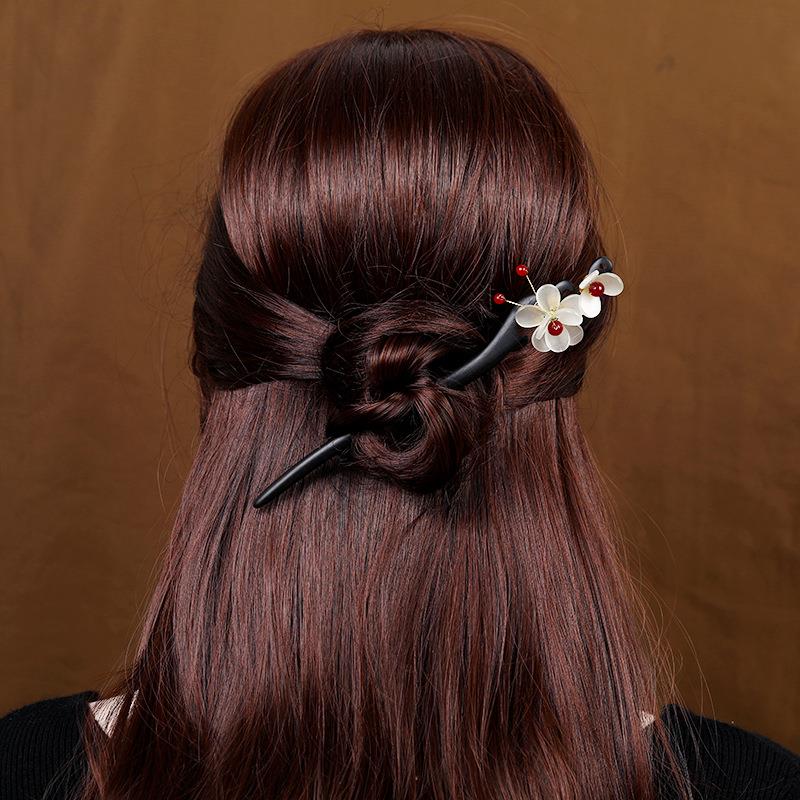 2026手工复古黑檀木古风汉服步摇流苏发簪饰品盘发简约花朵簪子头