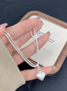 2026新款简约心形双层拉丝爱心吊坠项链女感轻奢小众颈链百搭锁骨