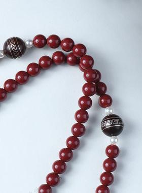 2026朱砂6mm女式手链小叶紫檀镶嵌银回纹配大漆国风手链饰品厂家