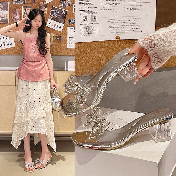 水钻蝴蝶结透明粗跟一字拖女夏图片