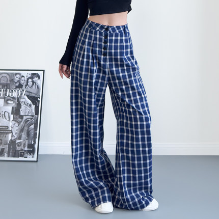 梨形身材阔腿裤女春季新款大码胖mm宽松显瘦遮肉慵懒风格子休闲裤