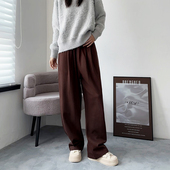 女大码 胖mm宽松显瘦直筒裤 加厚保暖休闲裤 深棕色加绒阔腿裤 秋冬季
