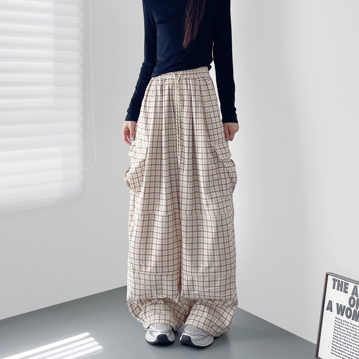 设计感格子工装裤女2026春季新款胖mm慵懒风显瘦垂感运动阔腿裤子,女装/女士精品,大码裤装,淘宝优惠券,粉丝福利购,淘宝优惠卷