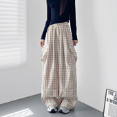 裤 女2026春季 新款 设计感格子工装 胖mm慵懒风显瘦垂感运动阔腿裤 子