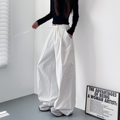 新款 慵懒风高腰白色压褶阔腿裤 女大码 春季 胖mm宽松显瘦跳舞香蕉裤