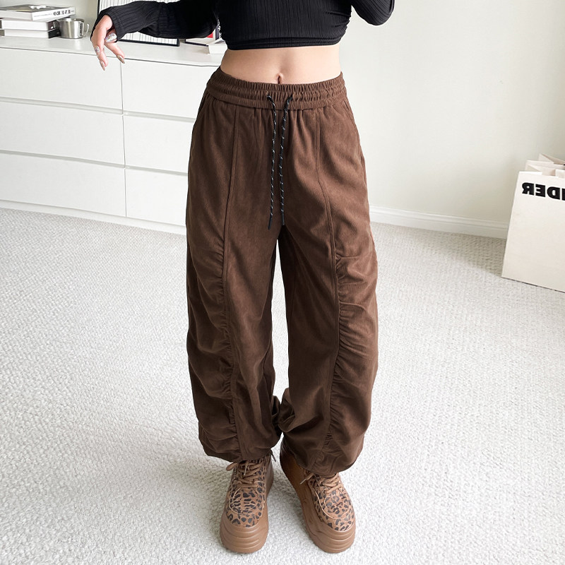 大码咖色褶皱休闲裤女2024冬季胖mm高腰抽绳束脚裤宽松显瘦阔腿裤,女装/女士精品,大码裤装,淘宝优惠券,粉丝福利购,淘宝优惠卷