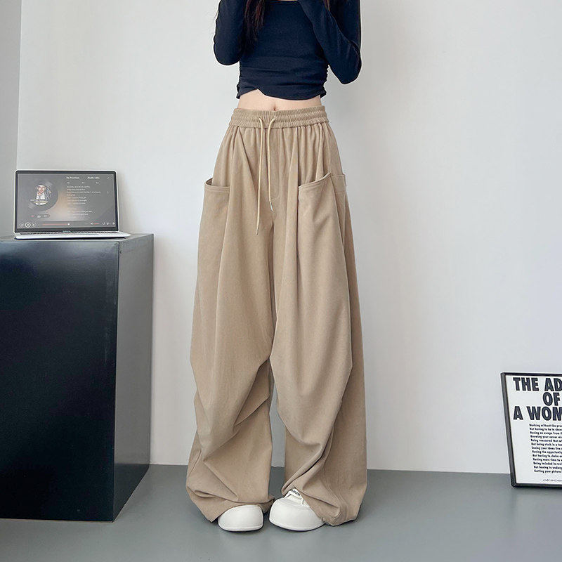 大口袋阔腿裤女2024秋大码胖mm宽松显瘦慵懒风直筒裤卡其色工装裤