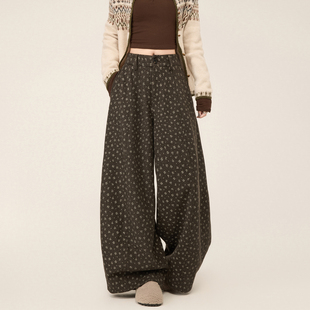 女春季 裤 新款 胖mm高腰宽松小清新西装 大码 咖色碎花毛呢森系阔腿裤