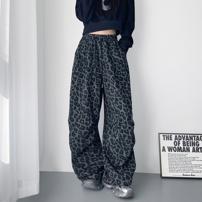 蜜略大码显瘦豹纹阔腿裤梨形身材