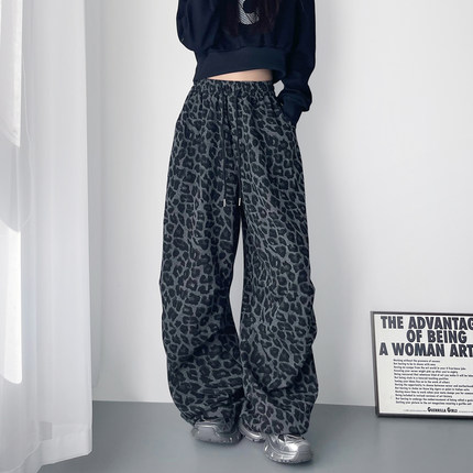 大码显瘦个性豹纹阔腿裤女秋季新款梨形身材胖mm酷飒垂感运动裤子