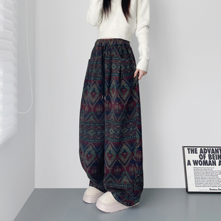 民族风冬季阔腿裤女2025新款大码胖mm羊毛加厚显瘦不臃肿垂感裤子