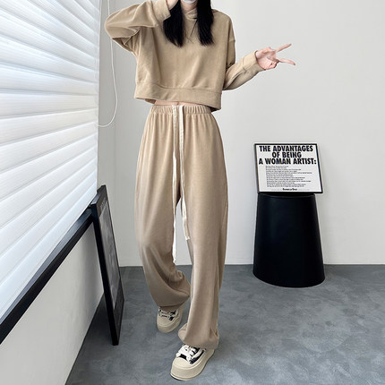 运动套装女秋冬大码宽松胖mm慵懒短款连帽卫衣加绒加厚摇粒绒卫裤