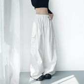 女运动宽松2025秋季 胖mm梨型身材显瘦遮肉大码 工装 白色阔腿裤 裤 子