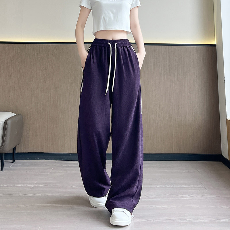 大码条纹阔腿裤女秋季胖mm宽松显瘦运动休闲裤高腰抽绳垂感束脚裤,女装/女士精品,大码裤装,淘宝优惠券,粉丝福利购,淘宝优惠卷