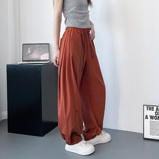 大码宽松显瘦裤女夏季胖mm抽绳垂感冰丝阔腿裤