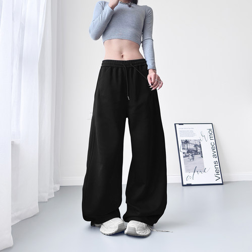 蜜略大码宽松胖MM秋季纯色阔腿裤