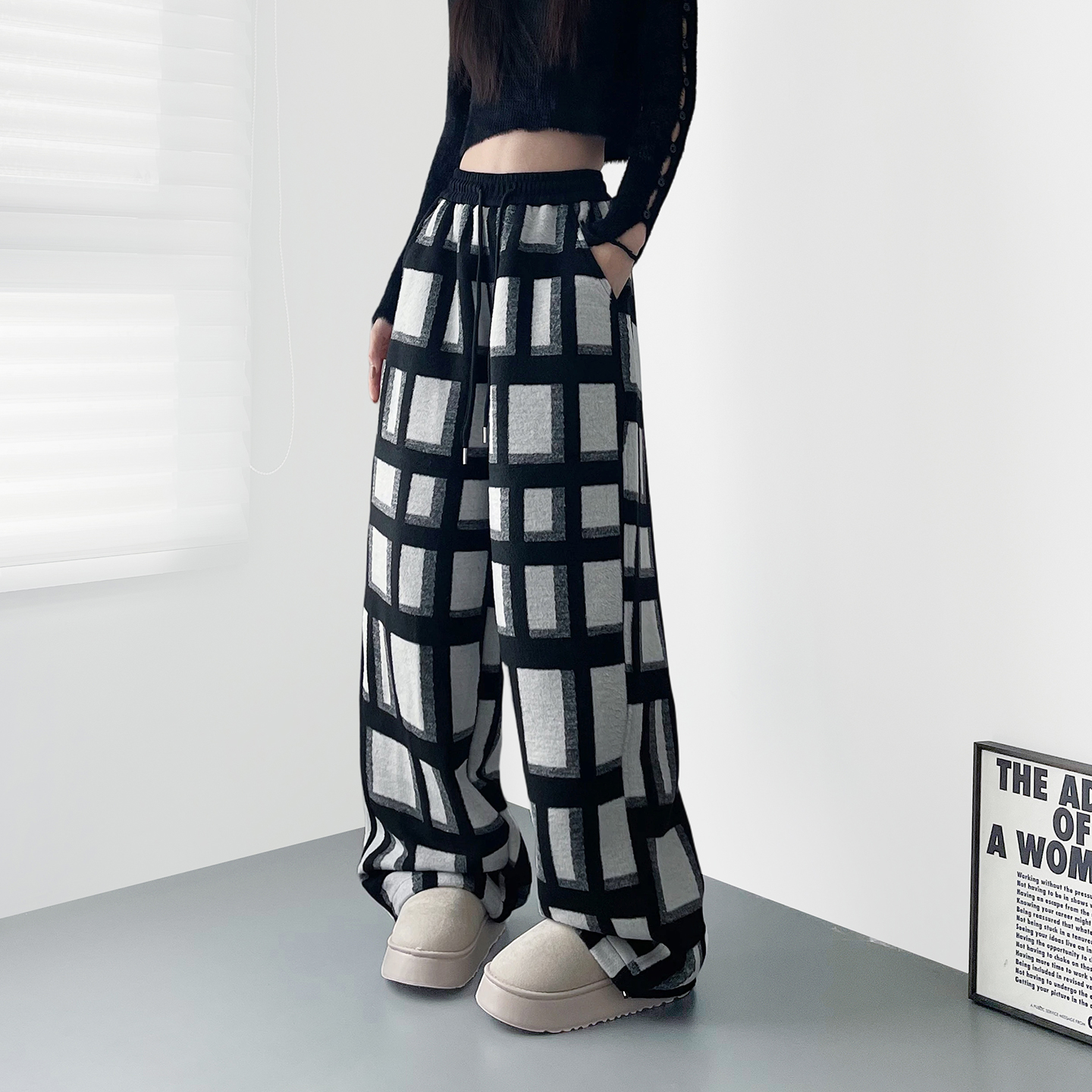 蜜略大码宽松胖MM冬季格子阔腿裤