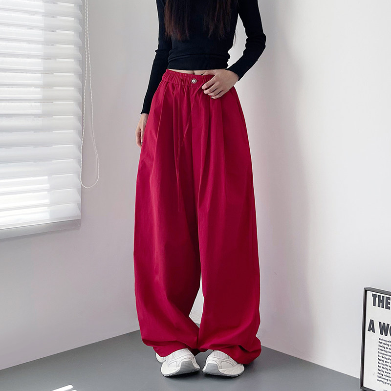 高腰抽绳压褶红色阔腿裤子女春季新款大码胖mm宽松显瘦慵懒运动裤,女装/女士精品,大码裤装,淘宝优惠券,粉丝福利购,淘宝优惠卷