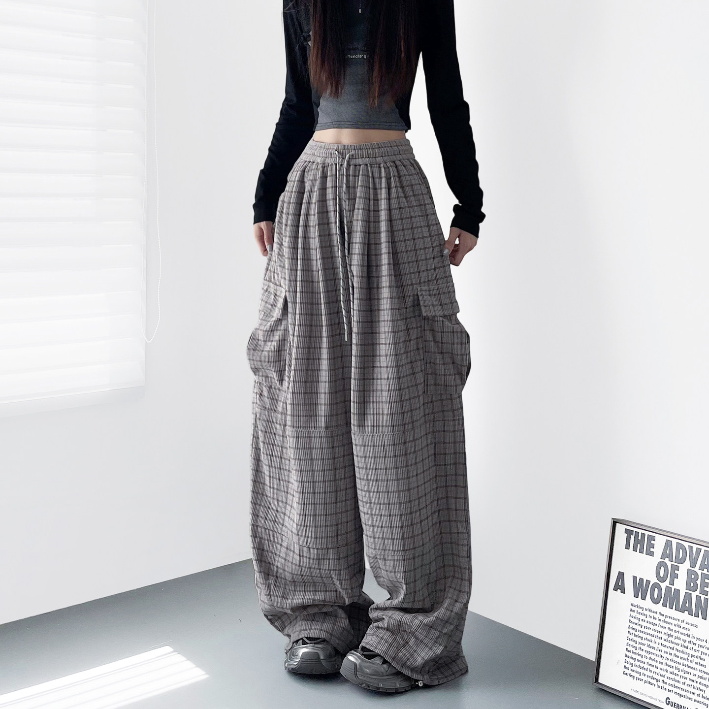 大码垂感软糯格子阔腿裤女春季新款慵懒风胖mm显瘦藏肉工装运动裤,女装/女士精品,大码裤装,淘宝优惠券,粉丝福利购,淘宝优惠卷