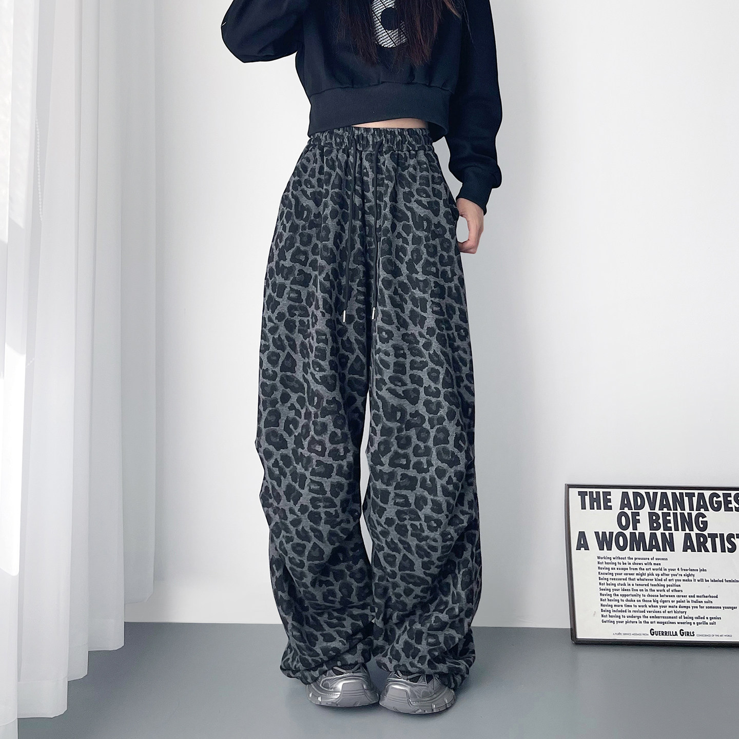 大码酷飒豹纹印花阔腿裤女2026春季新款胖mm显瘦宽松运动休闲长裤,女装/女士精品,大码裤装,淘宝优惠券,粉丝福利购,淘宝优惠卷