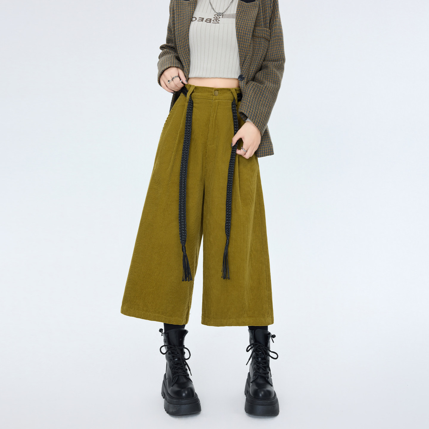 大码复古老钱风腰部系带设计感七分裤女冬季胖mm灯芯绒时髦阔腿裤,女装/女士精品,大码裤装,淘宝优惠券,粉丝福利购,淘宝优惠卷