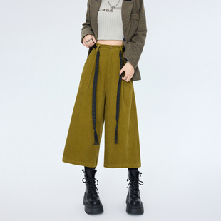 大码复古老钱风腰部系带设计感七分裤女冬季胖mm灯芯绒时髦阔腿裤