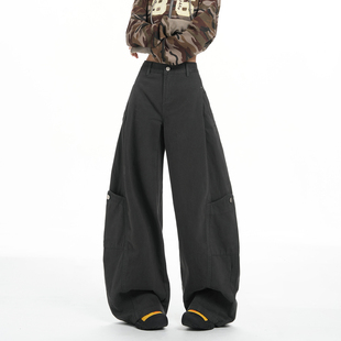 胖mm慵懒大口袋宽松休闲阔腿裤 大码 女春季 高腰显瘦大口袋弯刀长裤