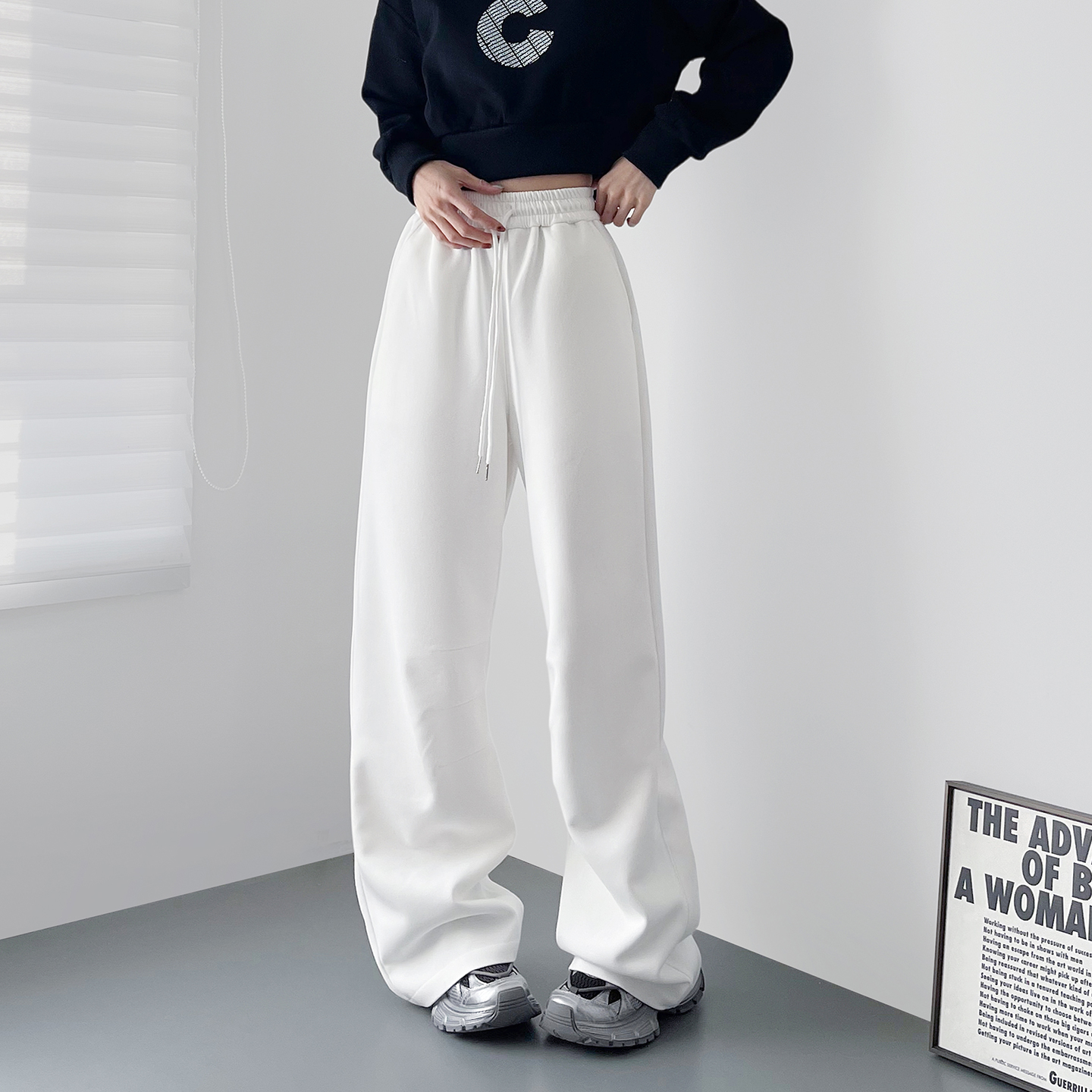 蜜略大码宽松胖MM秋季纯色阔腿裤