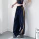 宽松夏季 阔腿裤 女胖mm拼接条纹运动裤 大码 高腰显瘦抽绳冰丝速干裤