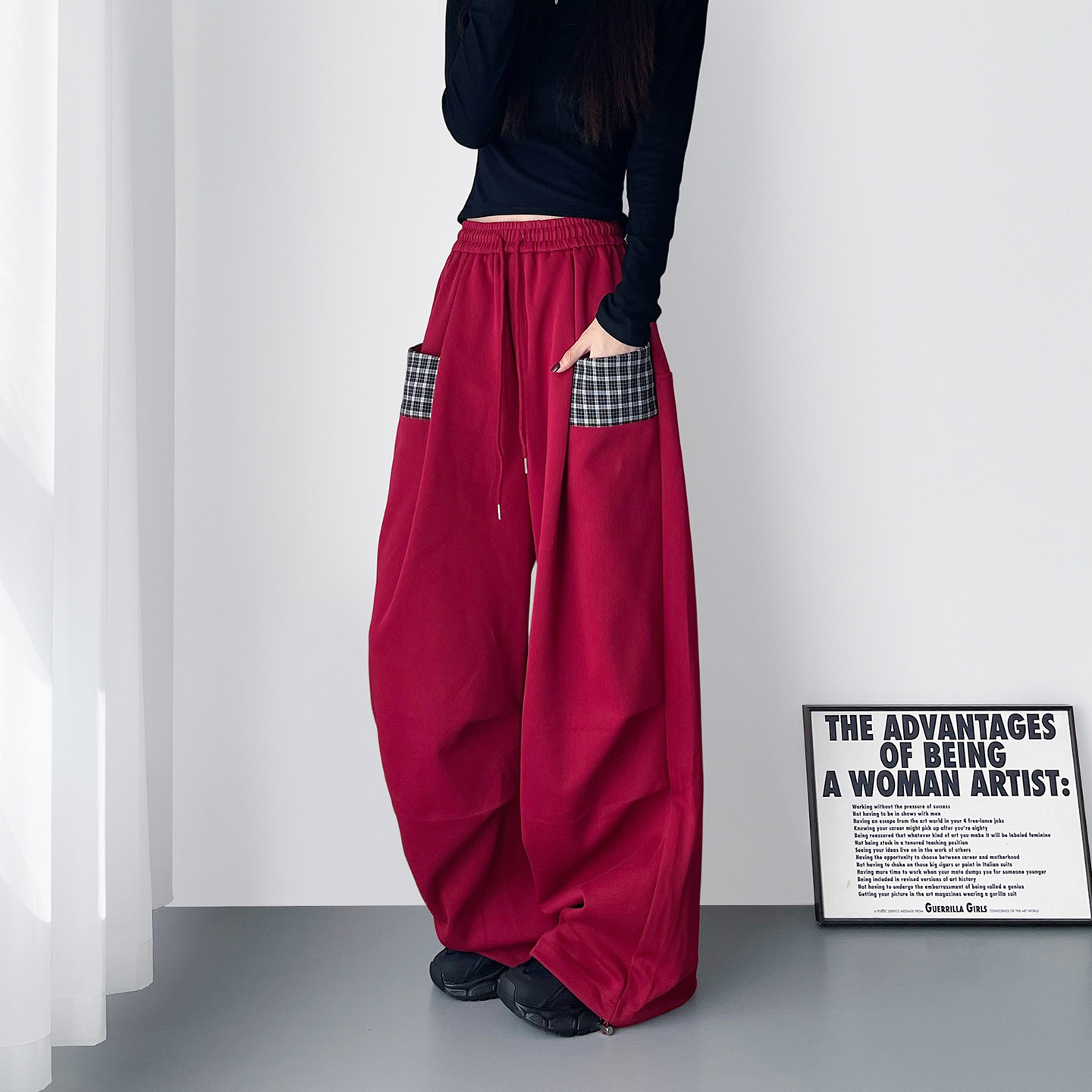 大码氛围感拼接格子红色阔腿裤子女春季新款胖mm显瘦拖地运动卫裤,女装/女士精品,大码裤装,淘宝优惠券,粉丝福利购,淘宝优惠卷