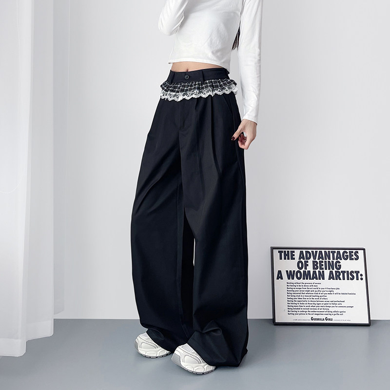 大码高腰拼接蕾丝阔腿裤女2026春季新款胖mm显瘦宽松休闲运动裤子,女装/女士精品,大码裤装,淘宝优惠券,粉丝福利购,淘宝优惠卷