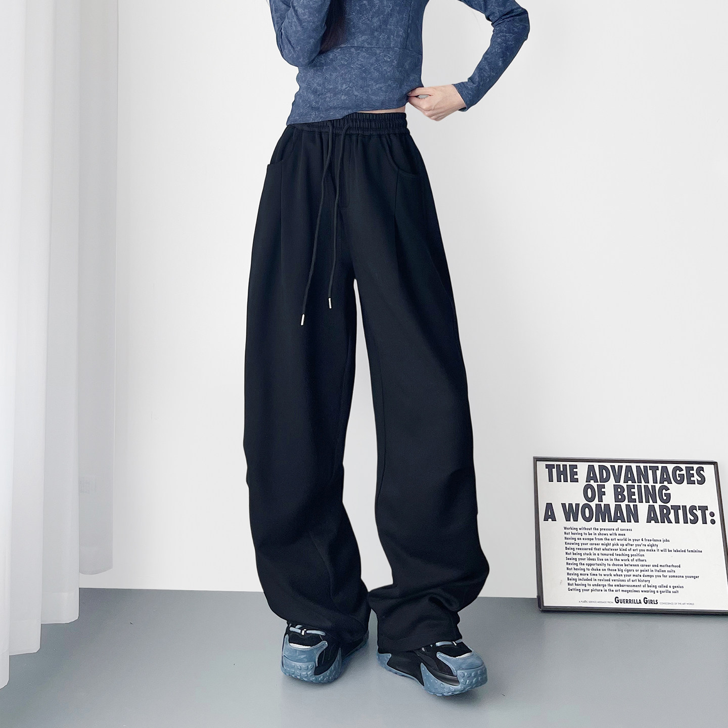 黑色卫裤2025秋季流行高腰显瘦阔腿裤女大码胖mm宽松慵懒风运动裤,女装/女士精品,大码裤装,淘宝优惠券,粉丝福利购,淘宝优惠卷