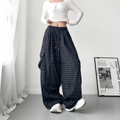 显瘦阔腿裤 格子工装 子 宽松慵懒松弛感运动裤 胖mm大码 裤 女2025秋季