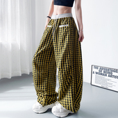 高腰拼接格子阔腿裤 裤 女大码 胖ｍｍ登山跳舞酷飒拽姐运动拖地工装