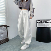 运动裤 女秋冬大码 宽松显瘦休闲裤 浅灰色美式 胖mm直筒阔腿加绒卫裤