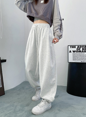 浅灰色美式运动裤女秋冬大码宽松显瘦休闲裤胖mm直筒阔腿加绒卫裤