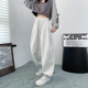 运动裤 女秋冬大码 宽松显瘦休闲裤 浅灰色美式 胖mm直筒阔腿加绒卫裤