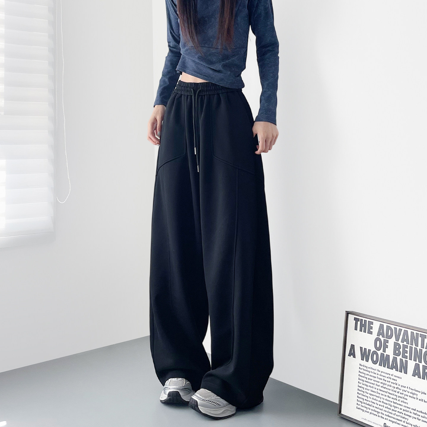 大码美式黑色弯刀裤女2025春季新款胖mm显瘦宽松小个子运动阔腿裤,女装/女士精品,大码裤装,淘宝优惠券,粉丝福利购,淘宝优惠卷