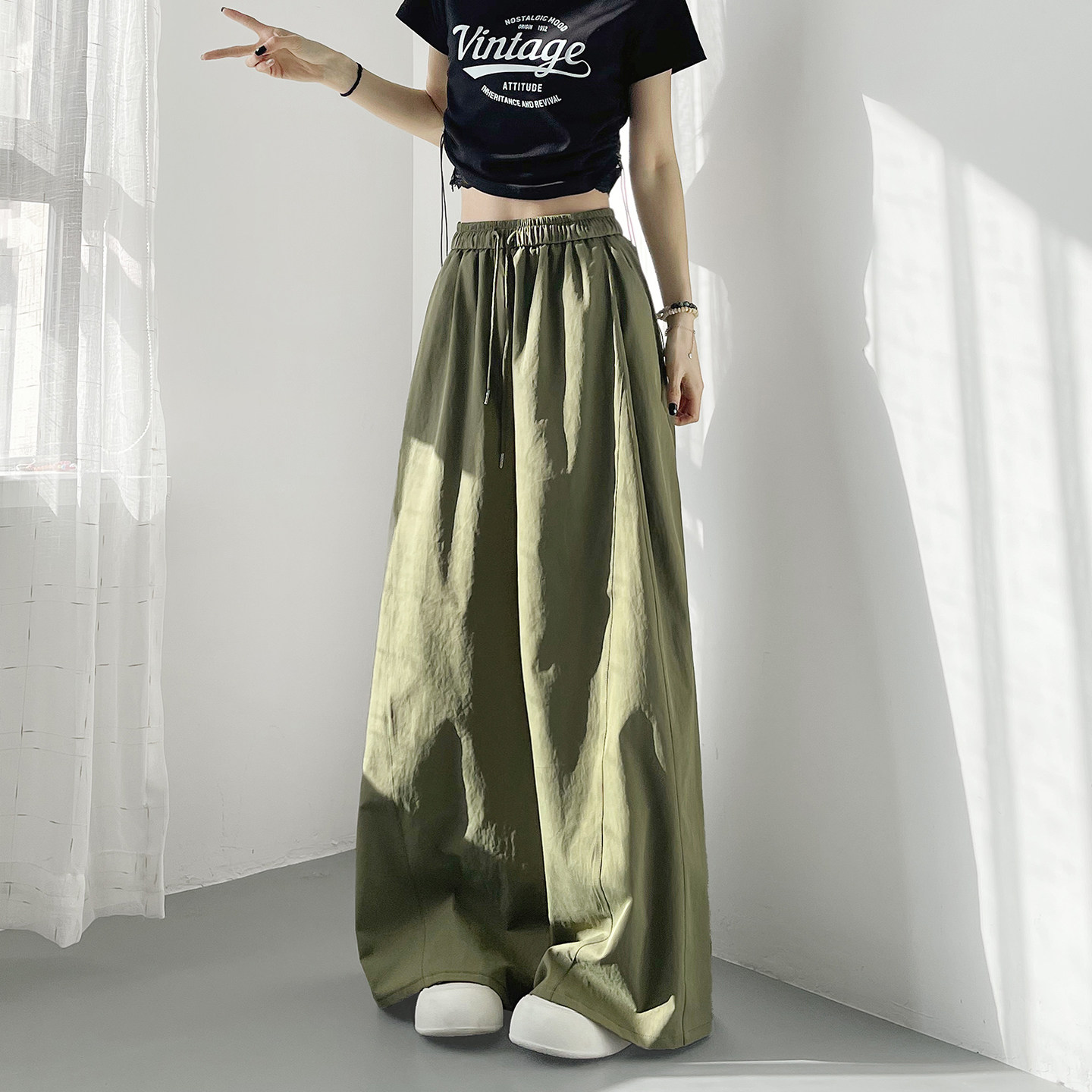 春季薄款大码宽松显瘦伞兵裤女胖mm慵懒风高腰垂感大裤腿阔腿裤长,女装/女士精品,大码裤装,淘宝优惠券,粉丝福利购,淘宝优惠卷