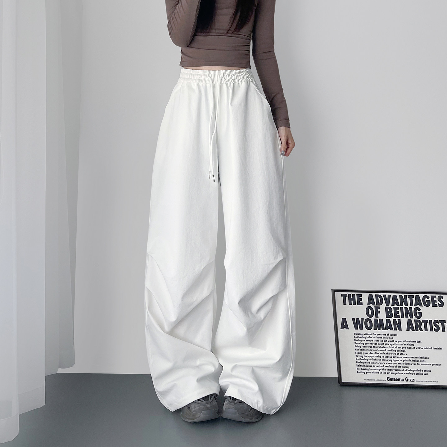 高腰肌理感压褶阔腿裤女冬季新款大码胖mm显瘦慵懒风运动休闲长裤,女装/女士精品,大码裤装,淘宝优惠券,粉丝福利购,淘宝优惠卷