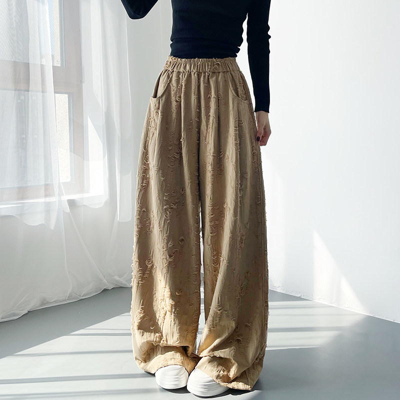 垂感阔腿裤女破洞2025秋季新款大码宽松慵懒风大裤腿肌理感直筒裤,女装/女士精品,大码裤装,淘宝优惠券,粉丝福利购,淘宝优惠卷