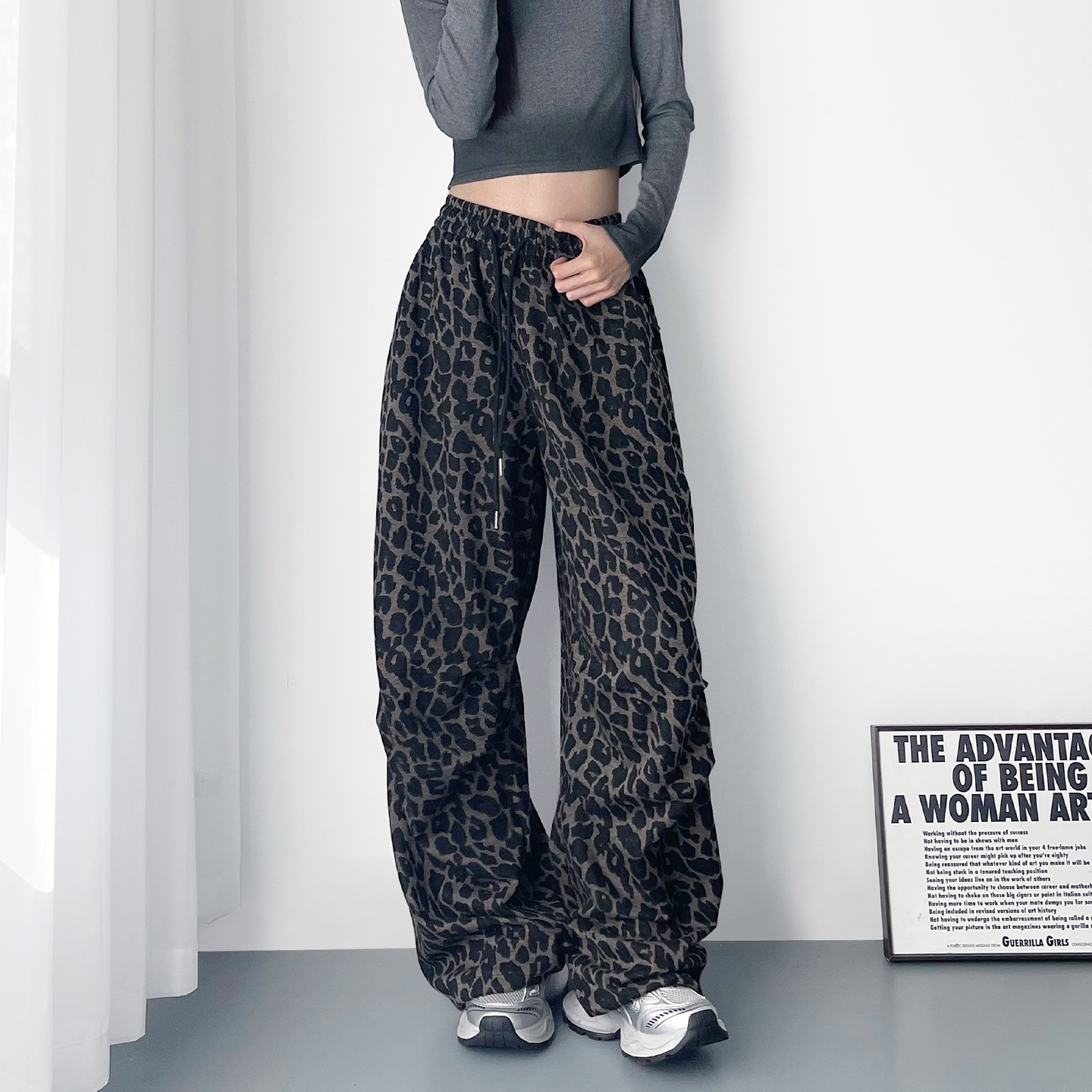 蜜略大码显瘦豹纹阔腿裤梨形身材